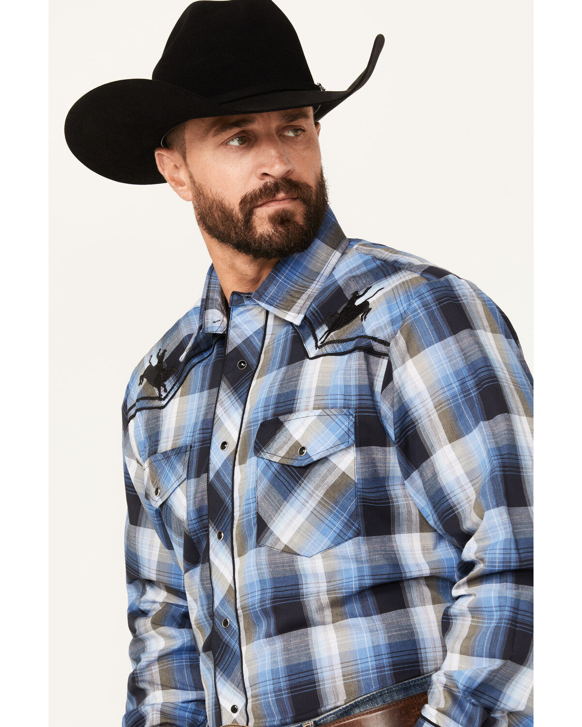 Roper Men's Plaid Print Embroidered Long Sleeve Snap Western Shirt