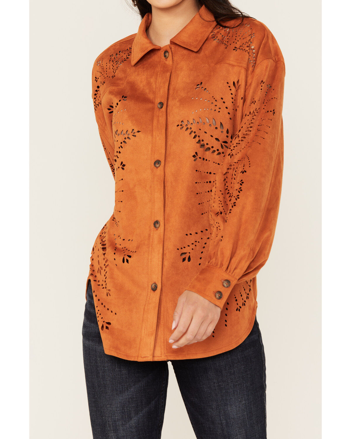 Shyanne Women's Faux Suede Laser Cutout Shacket