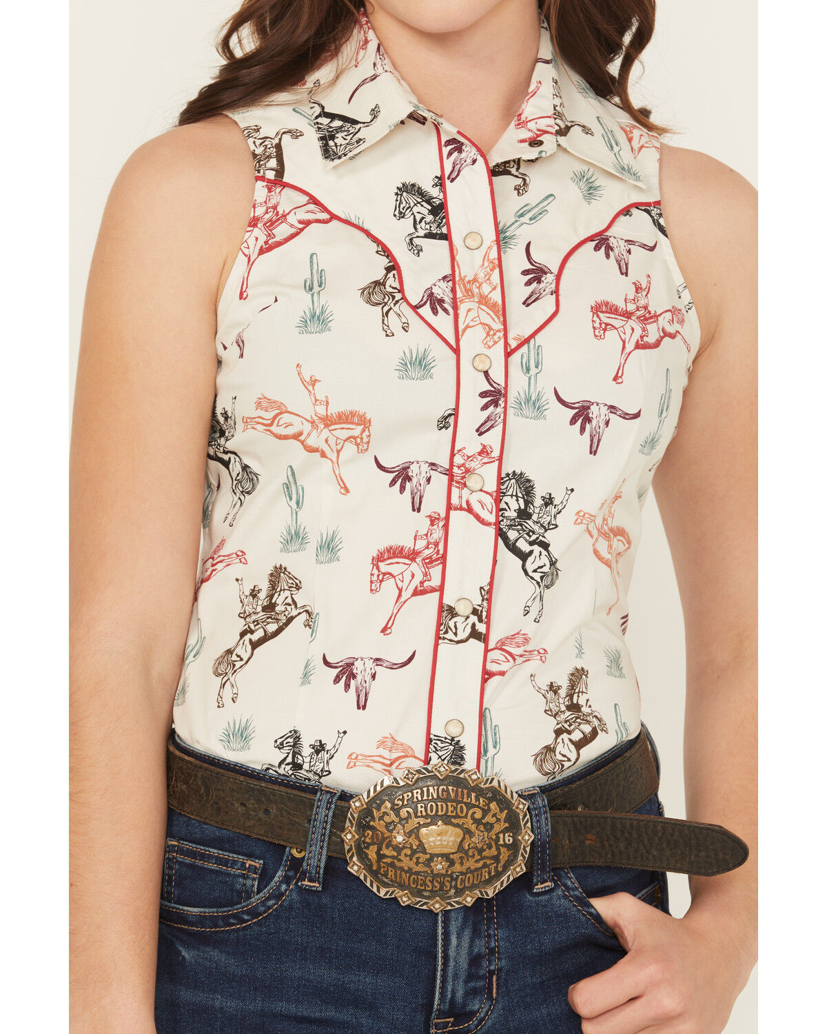 Rock & Roll Denim Women's Western Conversation Print Sleeveless Snap Western Shirt