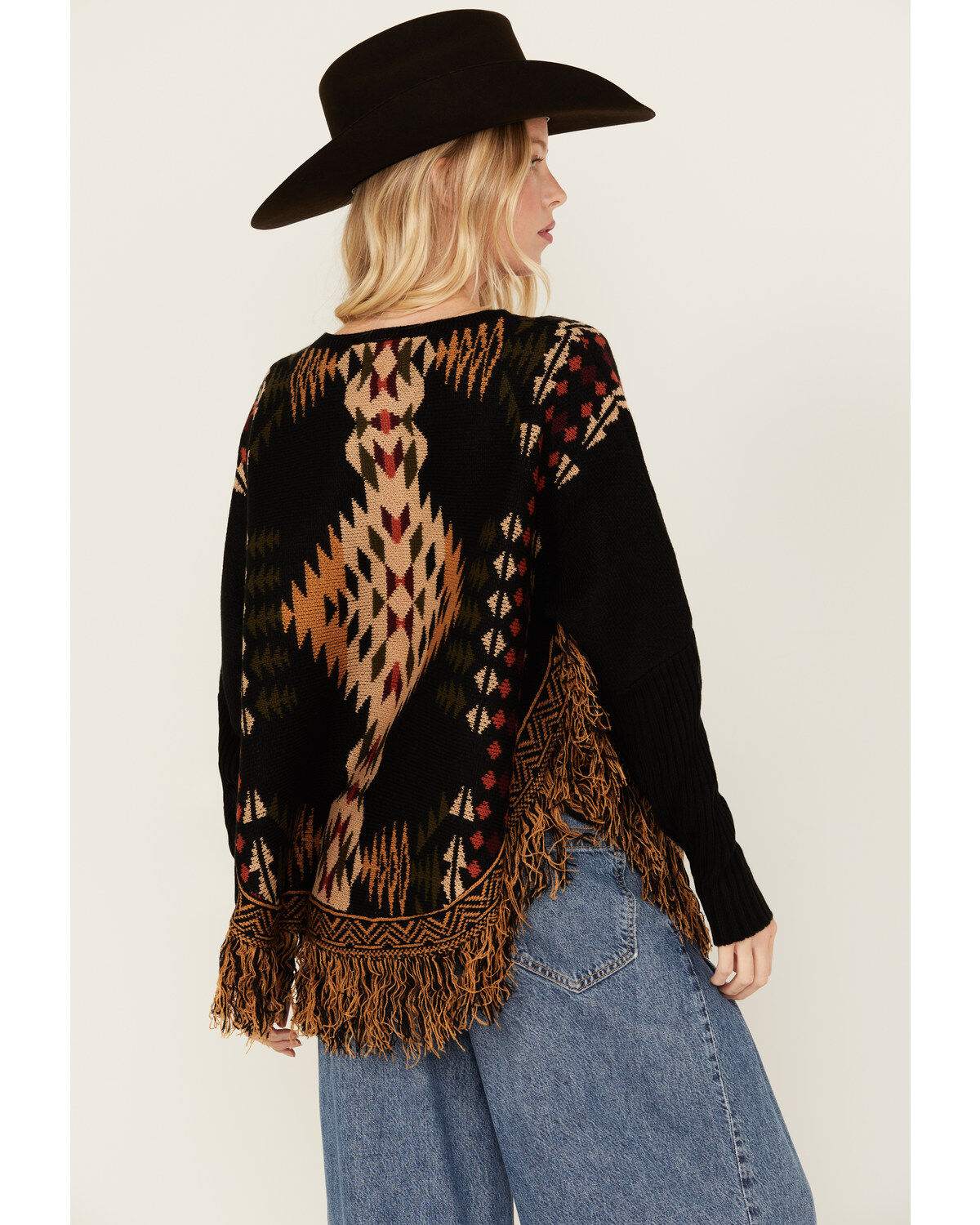 Cotton & Rye Women's Southwestern Fringe Pancho Sweater