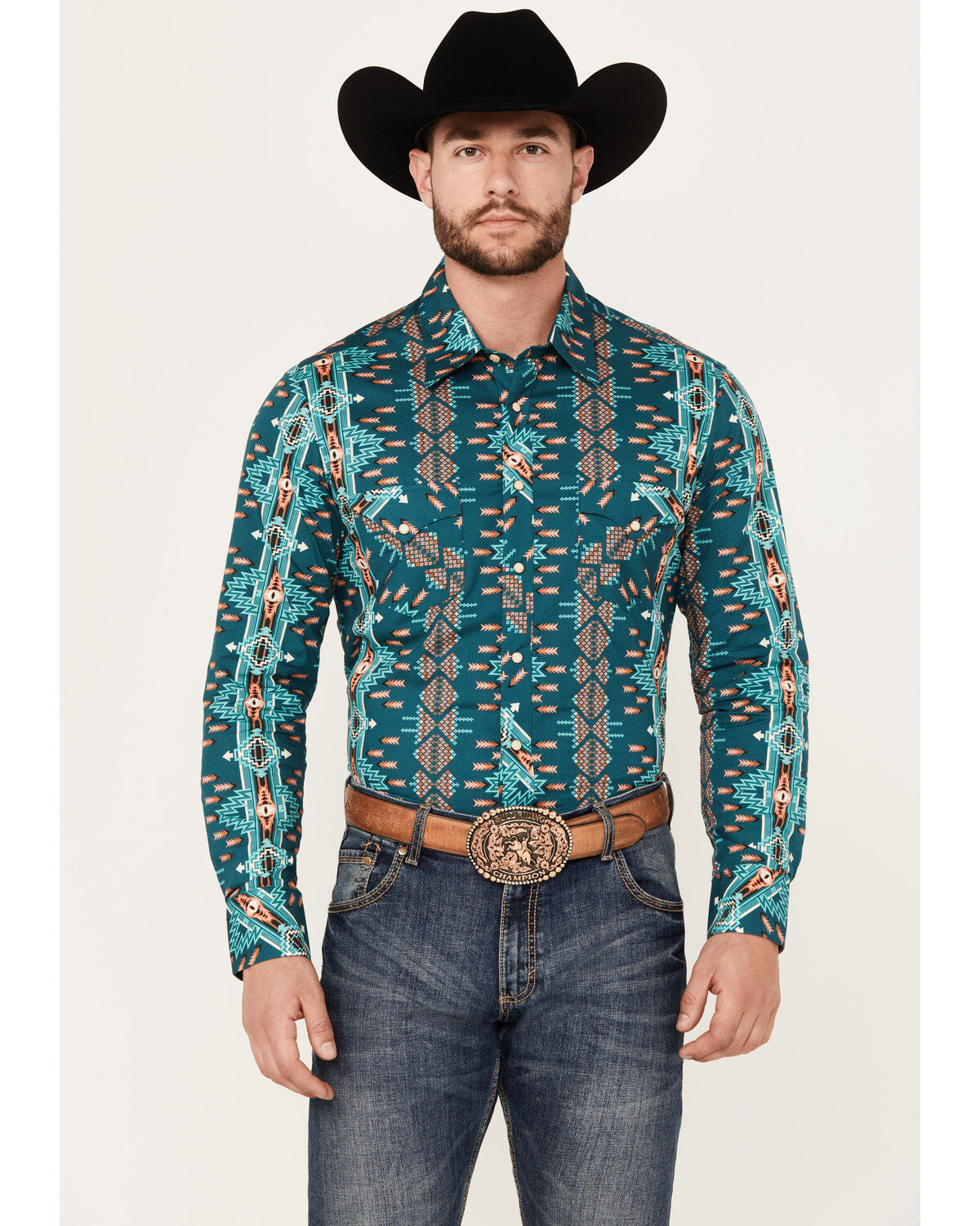Rock & Roll Denim Men's Southwestern Print Stretch Long Sleeve Snap Western Shirt