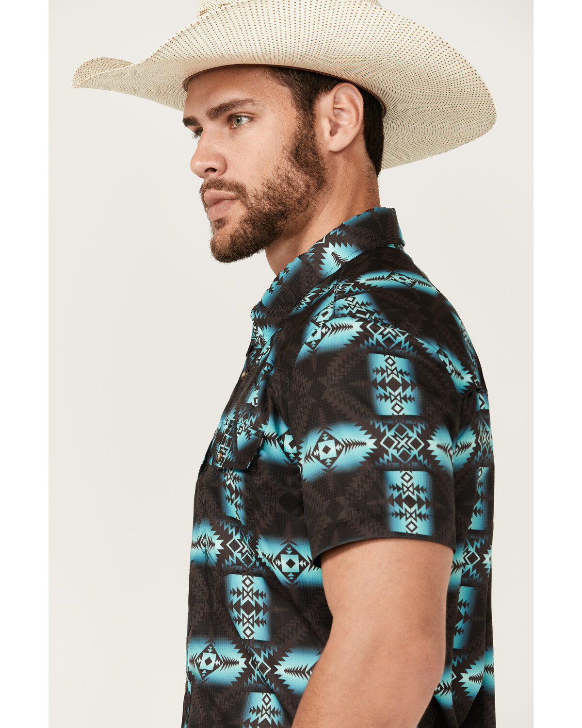 Rock & Roll Denim Men's Tek Southwestern Print Short Sleeve Pearl Snap Western Shirt