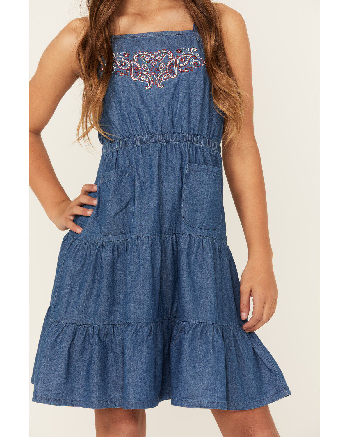 Shyanne Girls' Pinedale Paisley Embroidered Sleeveless Denim Ruffle Mini Dress