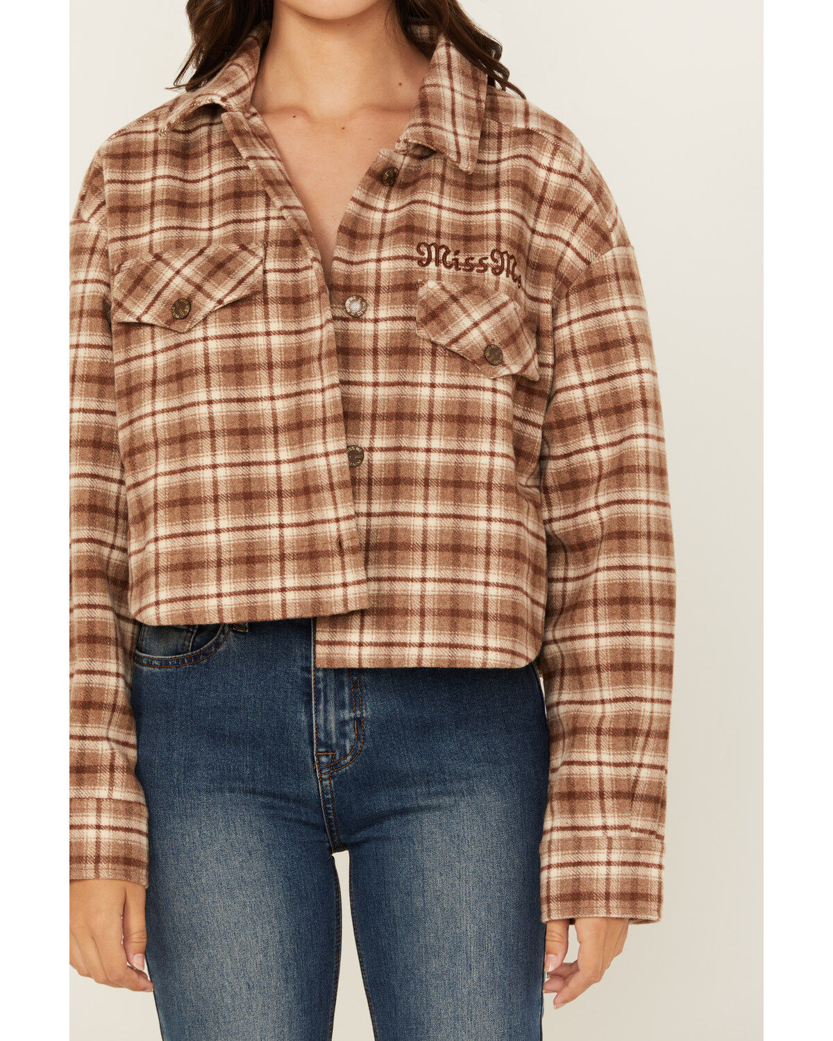 Miss Me Women's Plaid Print Button-Down Cropped Shacket