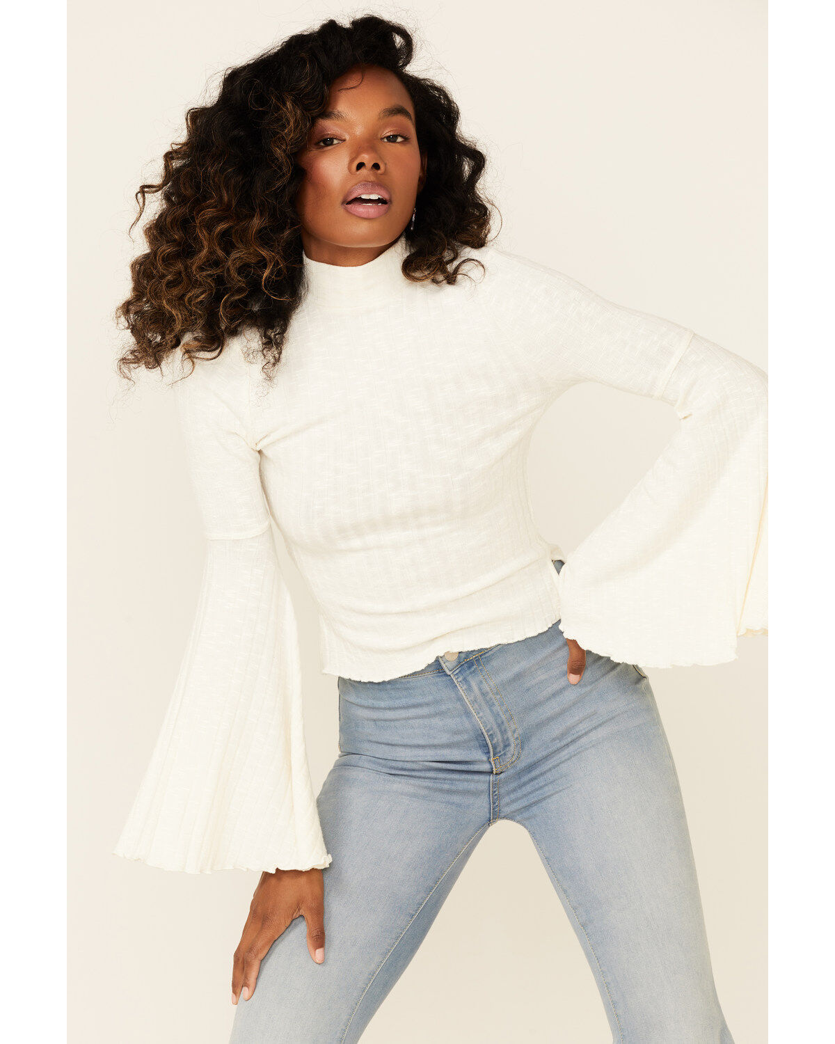 Shyanne Women's Rib Knit Mock Neck Bell Sleeve Top