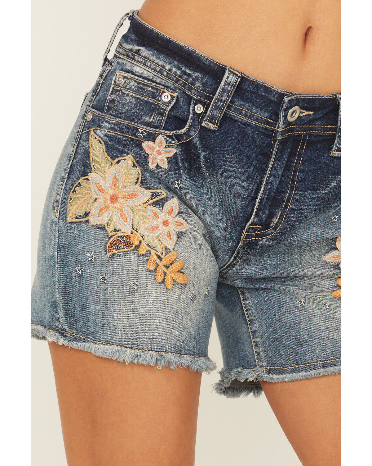 Grace In LA Women's Light Wash Mid Rise Floral Embroidered Cutoff Stretch Denim Short's