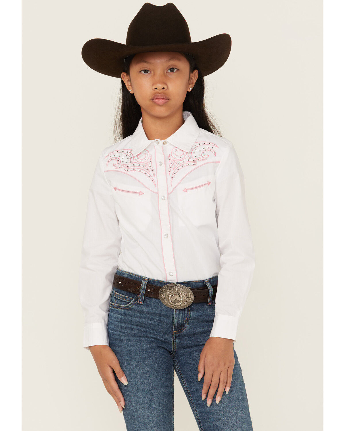 Rodeo Clothing Girls' Bedazzled Long Sleeve Pearl Snap Western Shirt