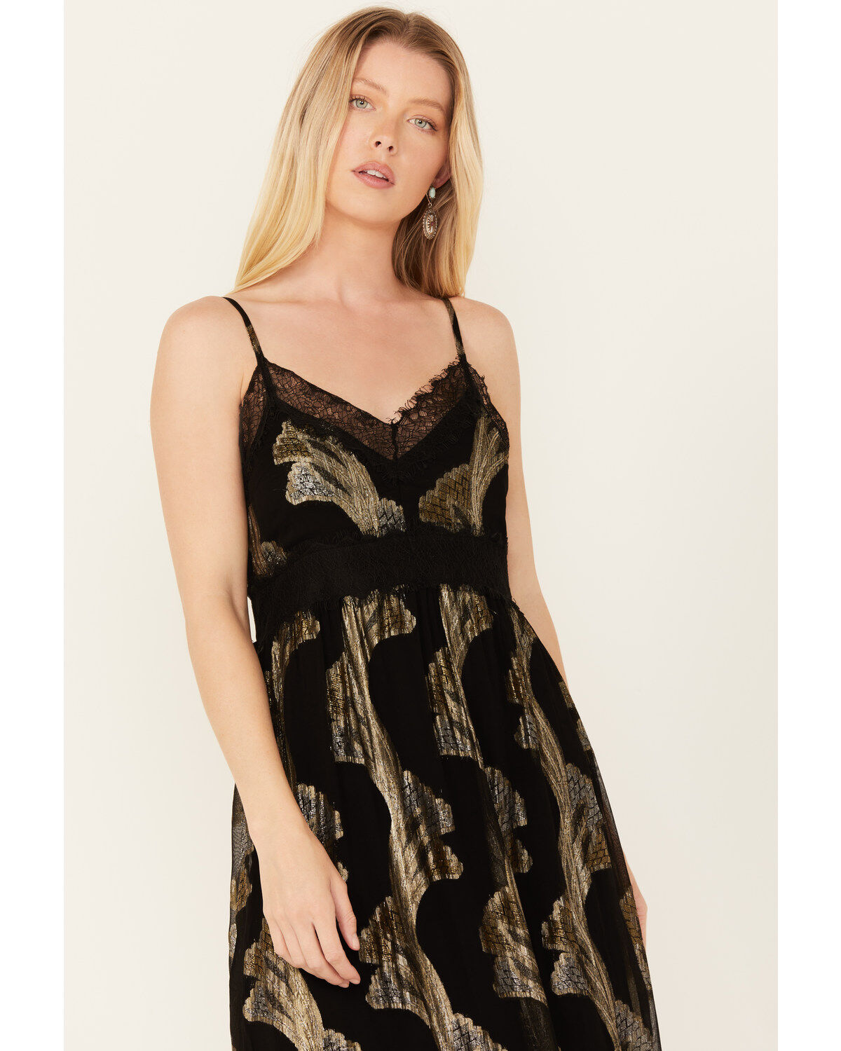 Idyllwind Women's Verde Lace Inset Metallic Print Maxi Dress