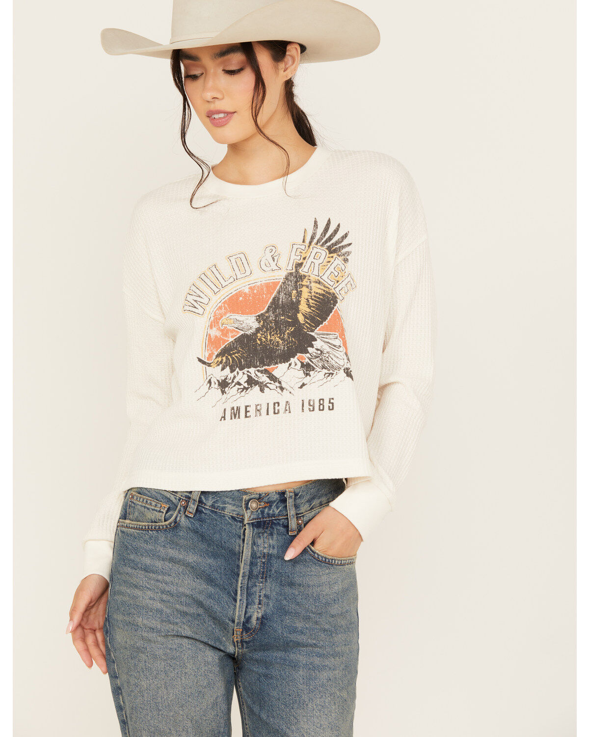 White Crow Women's American Eagle Long Sleeve Graphic Waffle Tee
