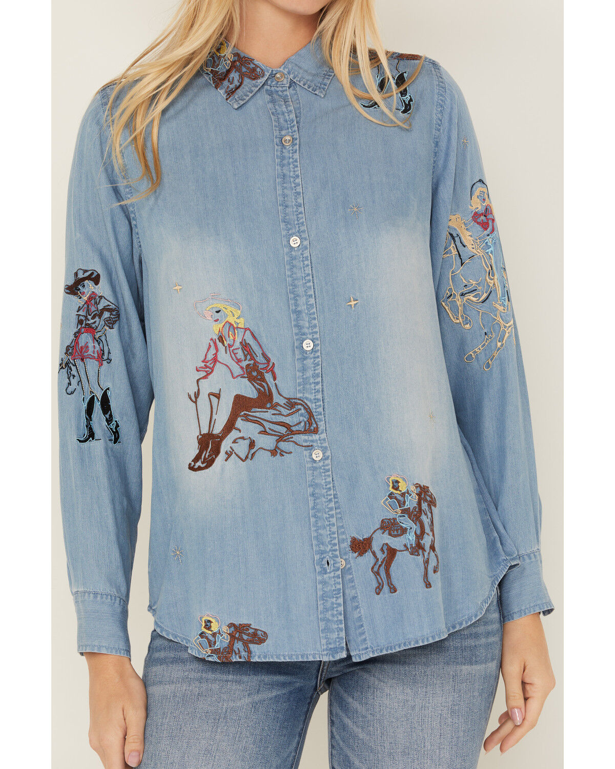 Blue B Women's Cowgirl Embroidered Long Sleeve Button-Down Denim Shirt