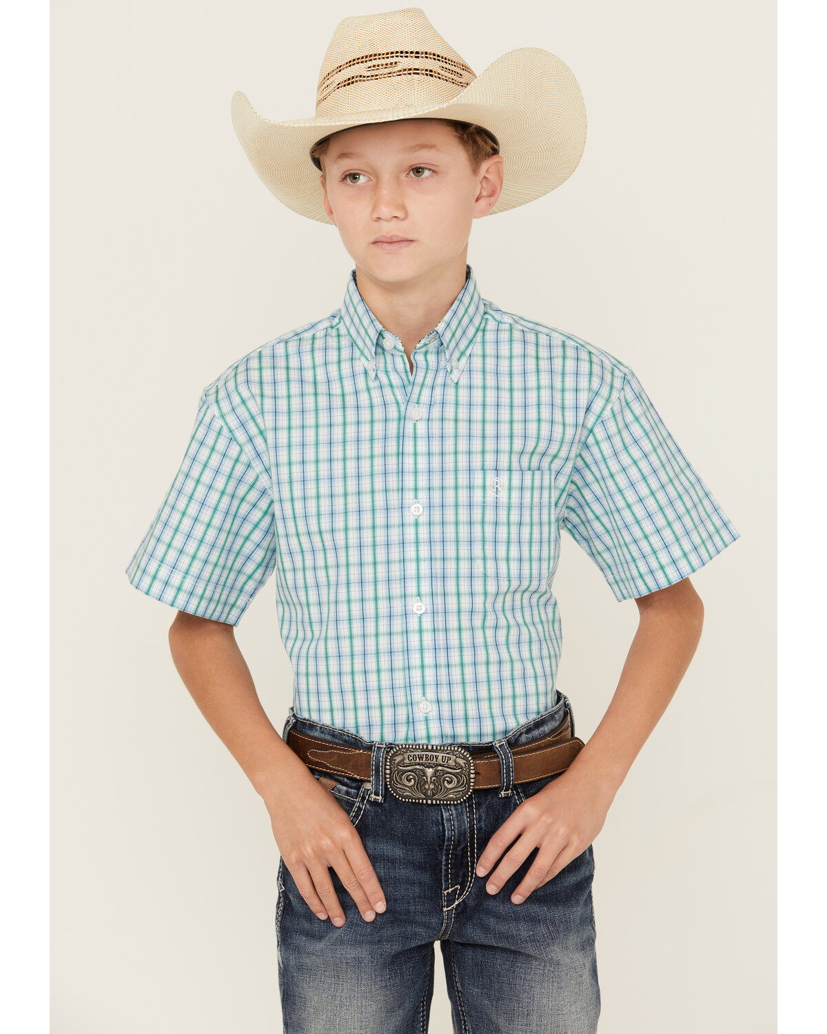 Panhandle Boys' Plaid Print Short Sleeve Button-Down Western Shirt