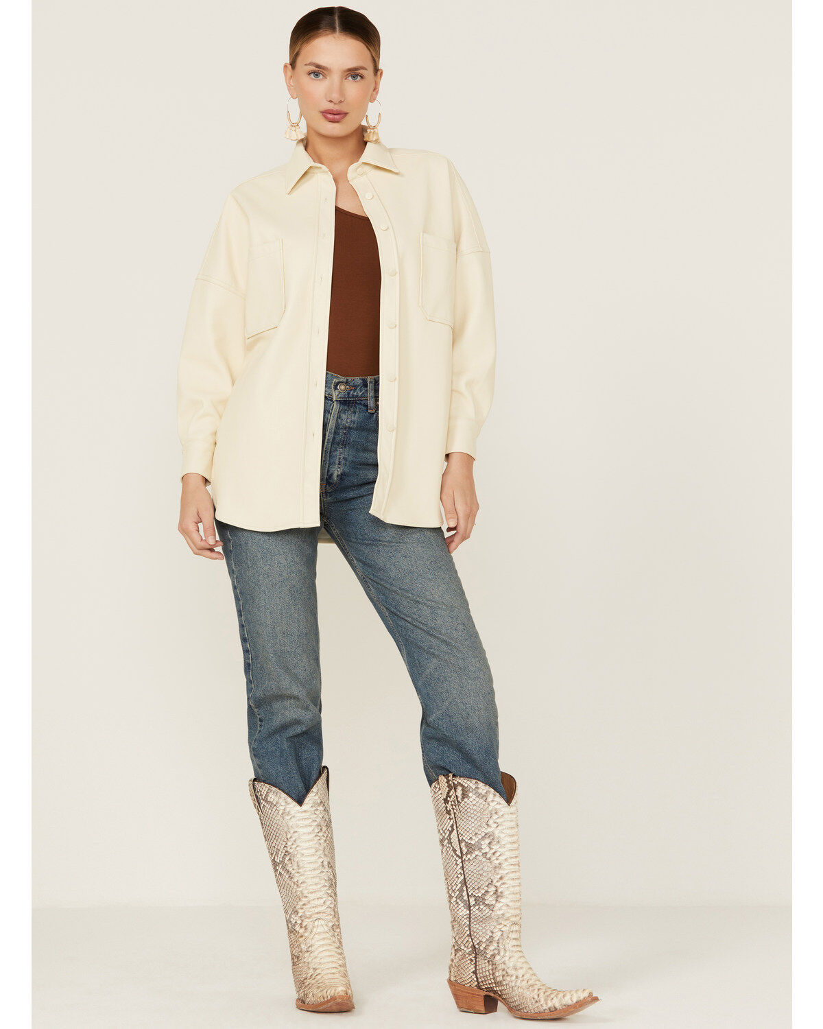 Sadie & Sage Women's Faux Leather Ecru Shacket