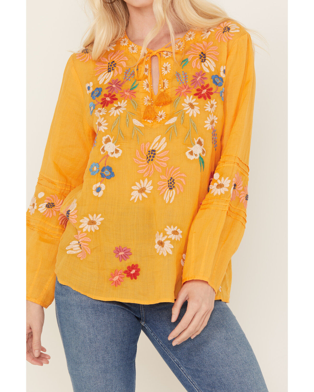 Johnny Was Women's Marissa Floral Embroidered Long Sleeve Pintuck Blouse