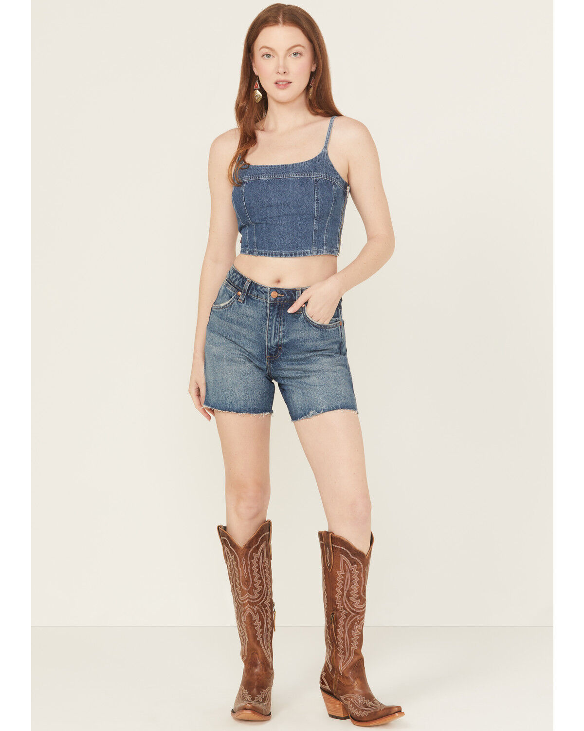 Wrangler Women's Medium Wash High Rise Mid-Length Stretch Denim Cowboy Shorts