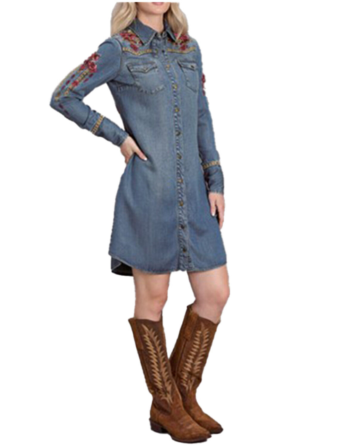 Stetson Women's Medium Wash Long Sleeve Embroidered Snap Denim Mini Dress