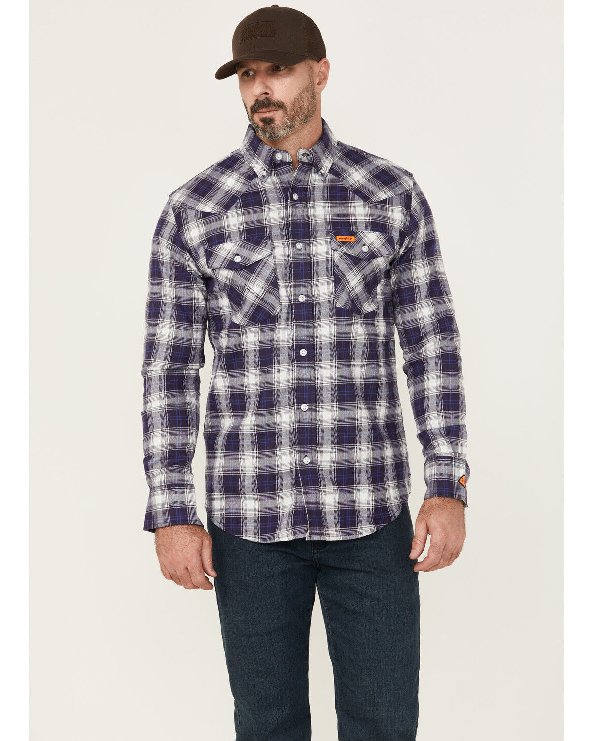 Wrangler Men's FR Plaid Print Long Sleeve Button-Down Work Shirt