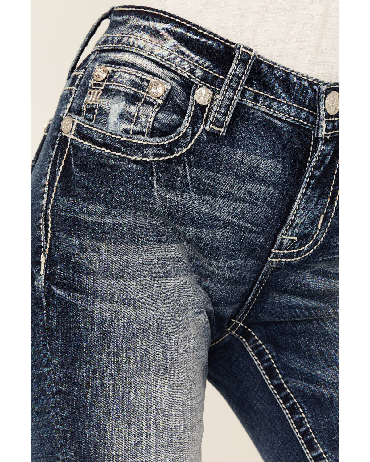 Miss Me Women's Dark Wash Mid Rise Faux Flap Pocket Bootcut Stretch Denim Jeans