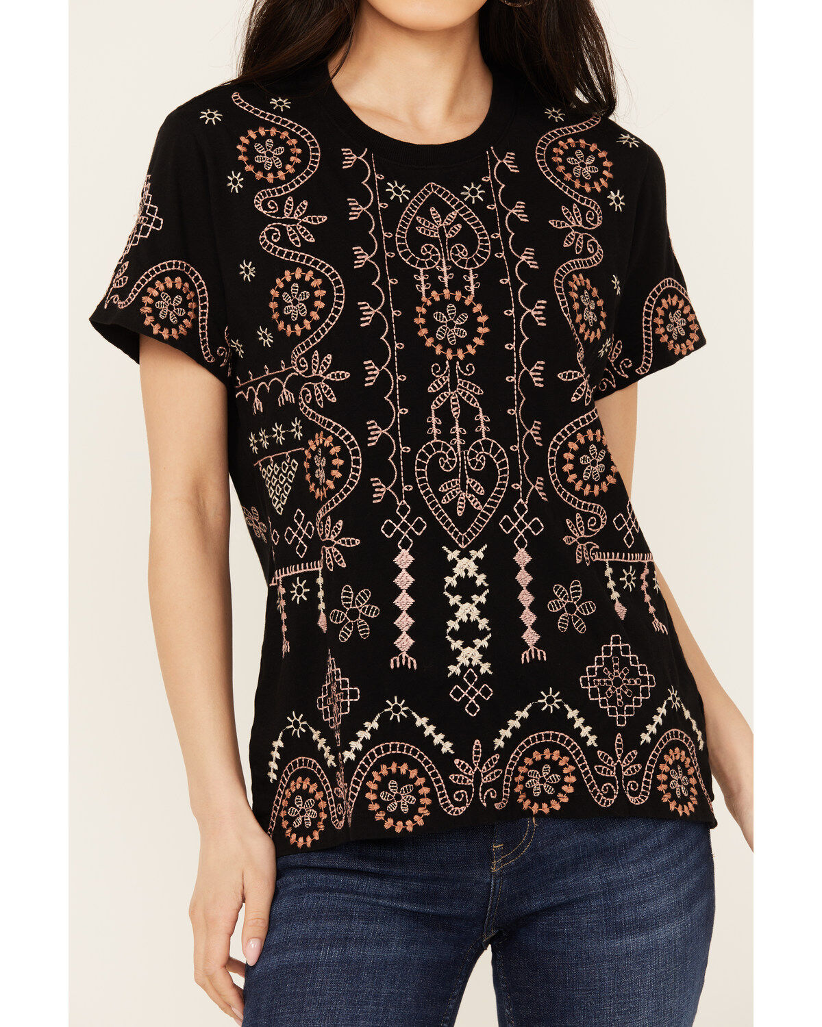 Johnny Was Women's Geo Print Embroidered Short Sleeve Tee