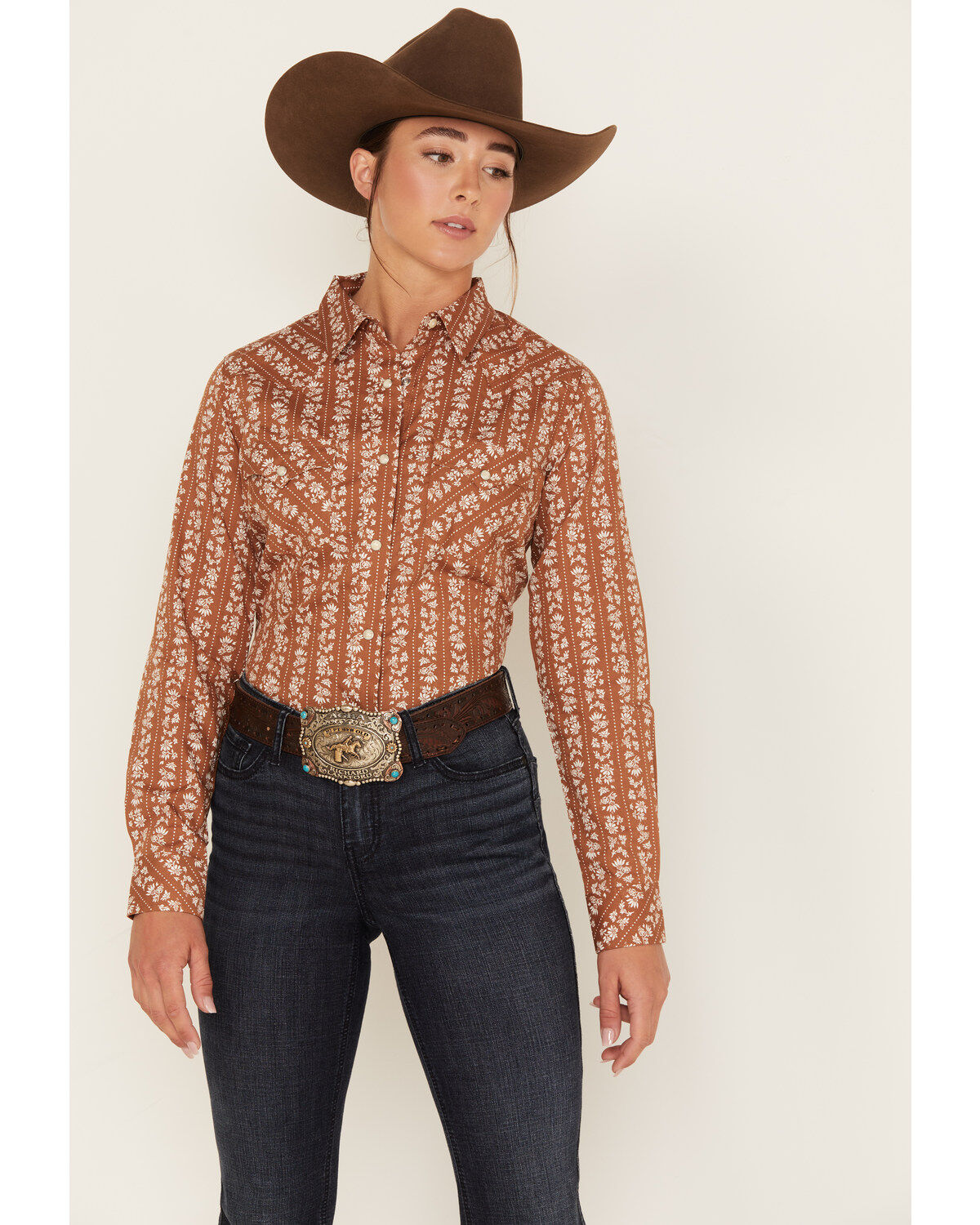 Wrangler Women's Boot Barn Exclusive Floral Dot Stripe Print Long Sleeve Western Pearl Snap Shirt