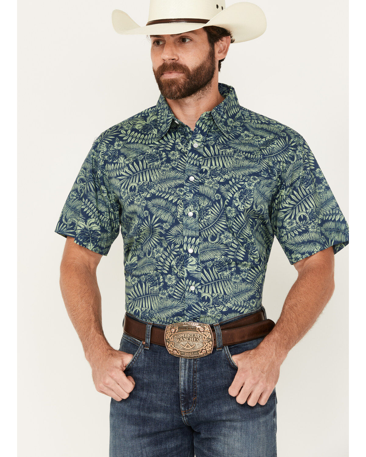 Roper Men's West Made Leaf and Horseshoe Print Short Sleeve Pearl Snap Western Shirt