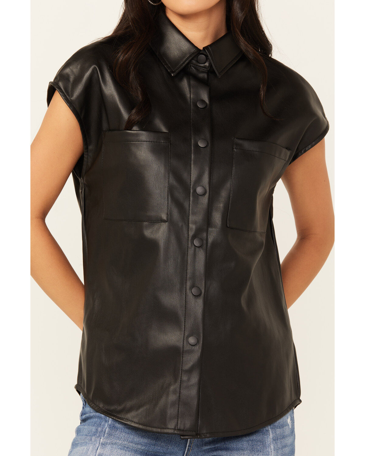 Revel Women's Faux Leather Button-Down Cap Sleeve Top