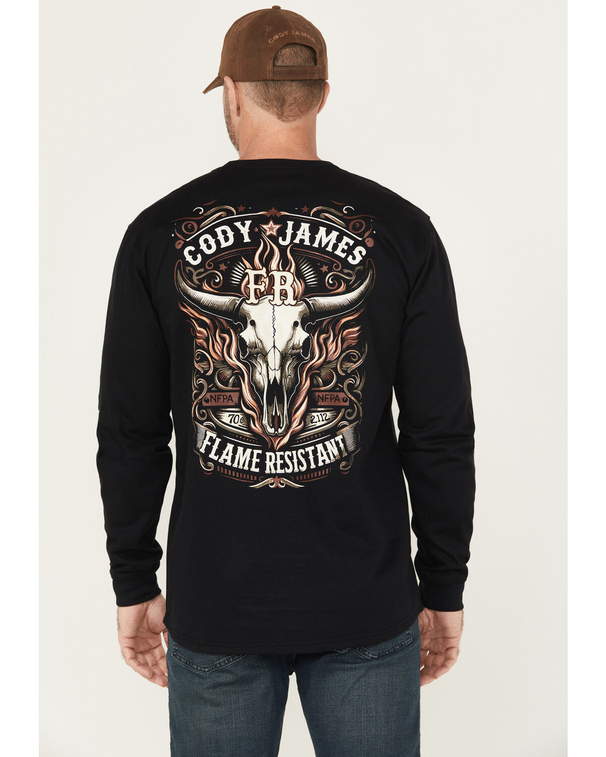 Cody James Men's FR Flaming Skull Long Sleeve Graphic Work T-Shirt