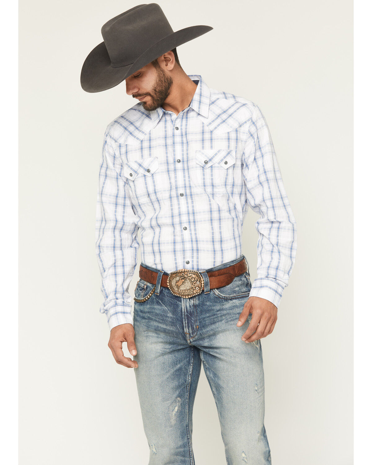 Moonshine Spirit Men's All Day Long Dobby Plaid Print Long Sleeve Snap Western Shirt