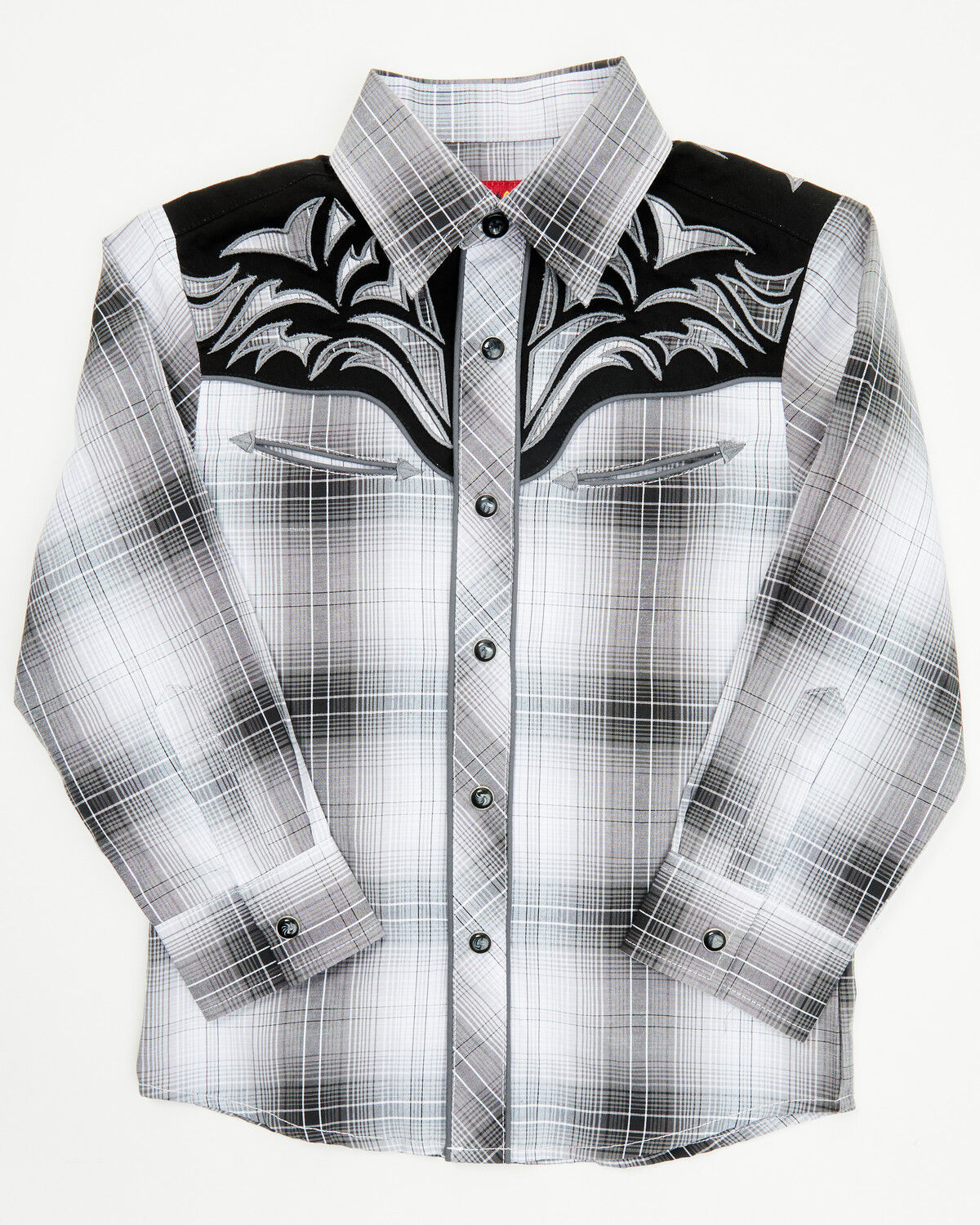 Rodeo Clothing Boys' Plaid Print Embroidered Long Sleeve Snap Western Shirt