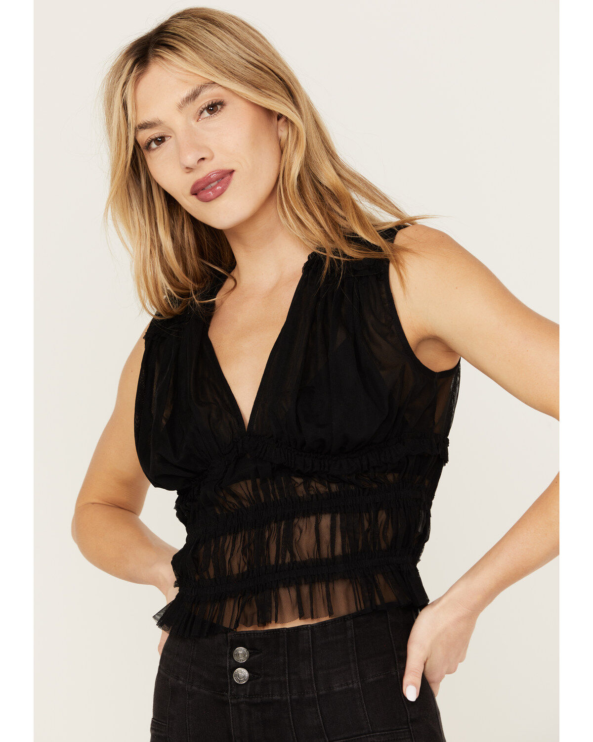 Beyond The Radar Women's Mesh Shirred Tank