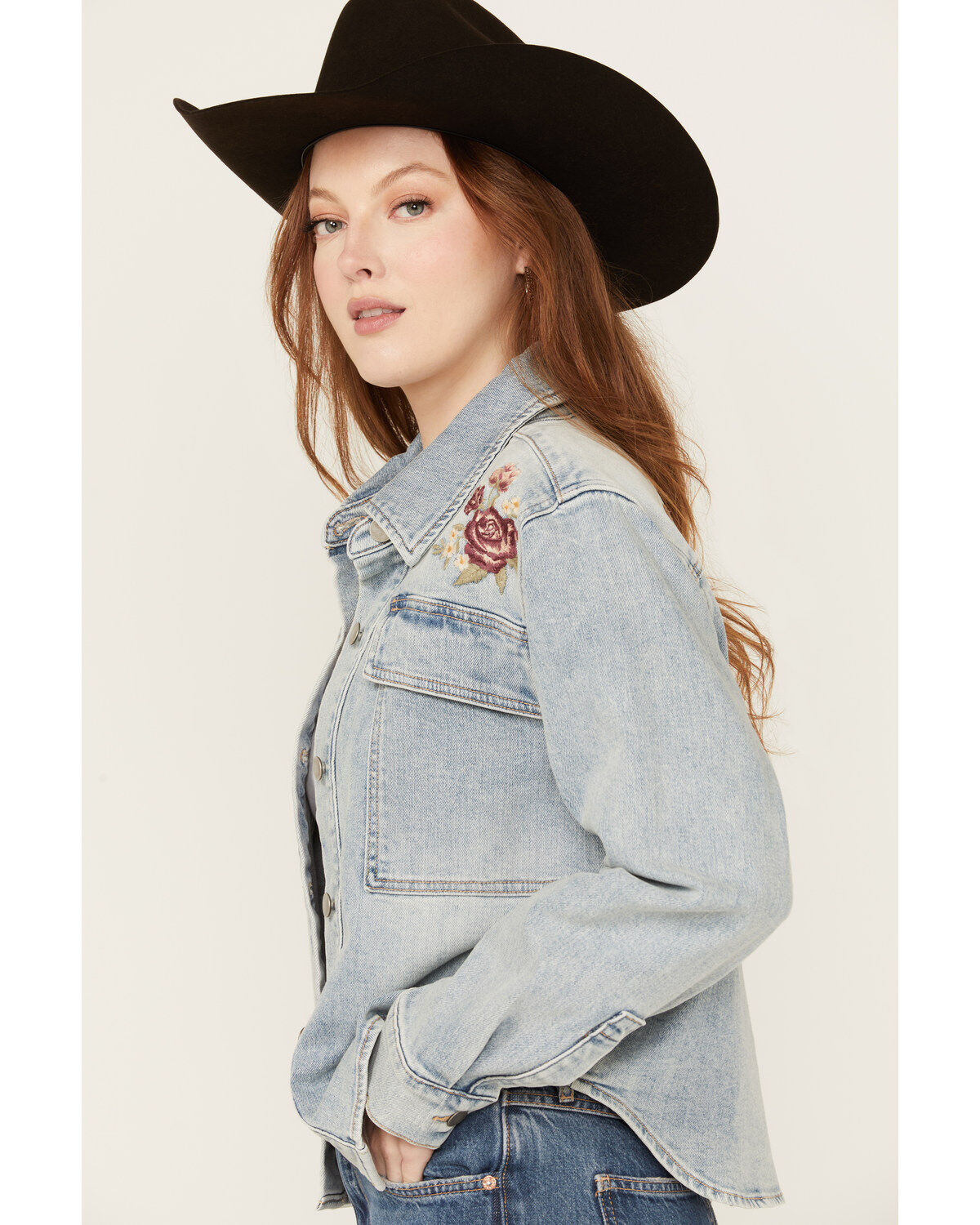 Driftwood Women's Light Wash Embroidered Steer Head Denim Shacket