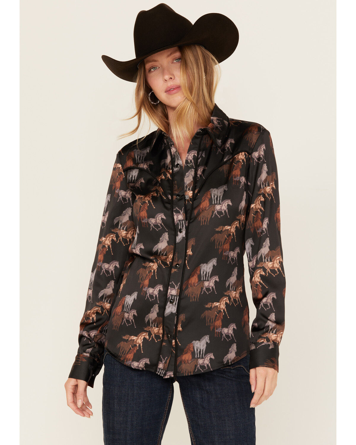 Rock & Roll Denim Women's Horse Print Fringe Long Sleeve Snap Stretch Western Shirt