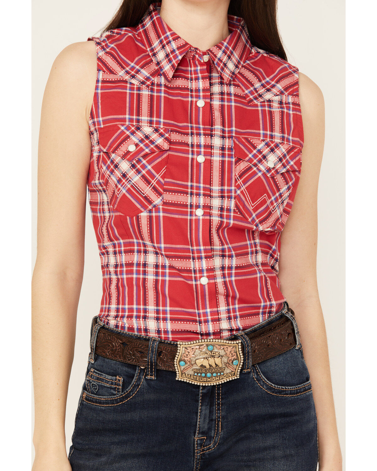 Wrangler Women's Sleeveless Plaid Print Snap Western Shirt