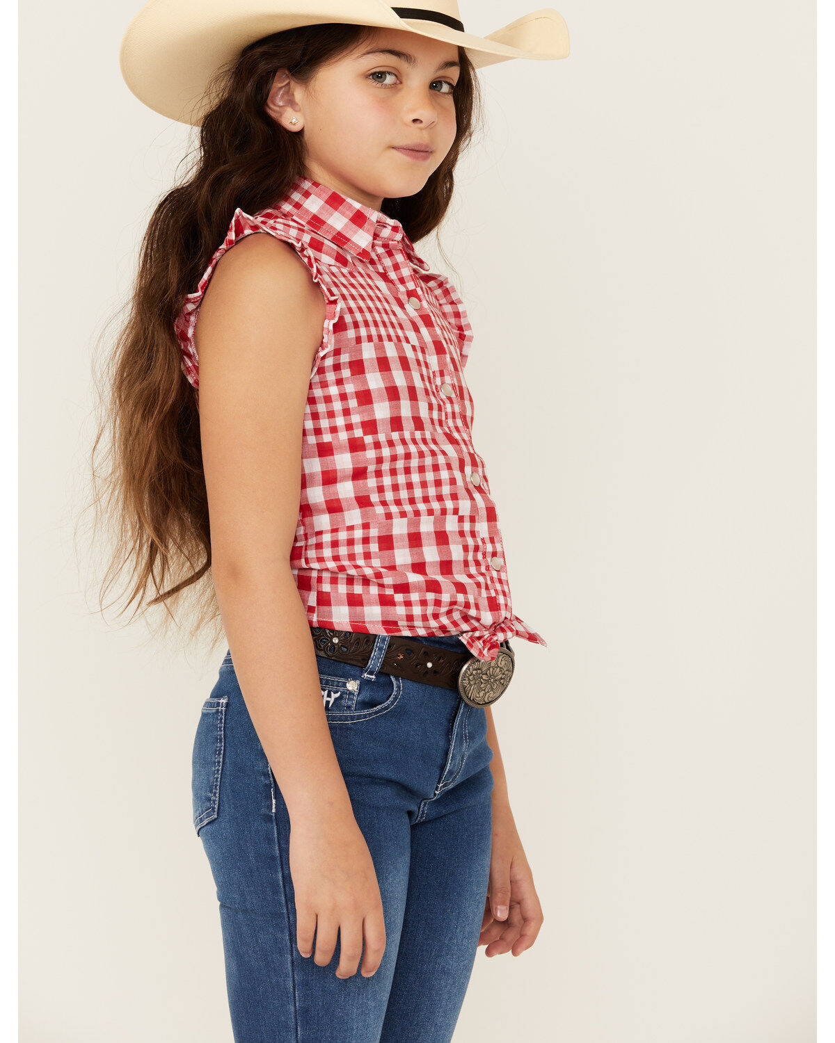 Wrangler Girls' Plaid Print Tie Front Sleeveless Snap Western Shirt