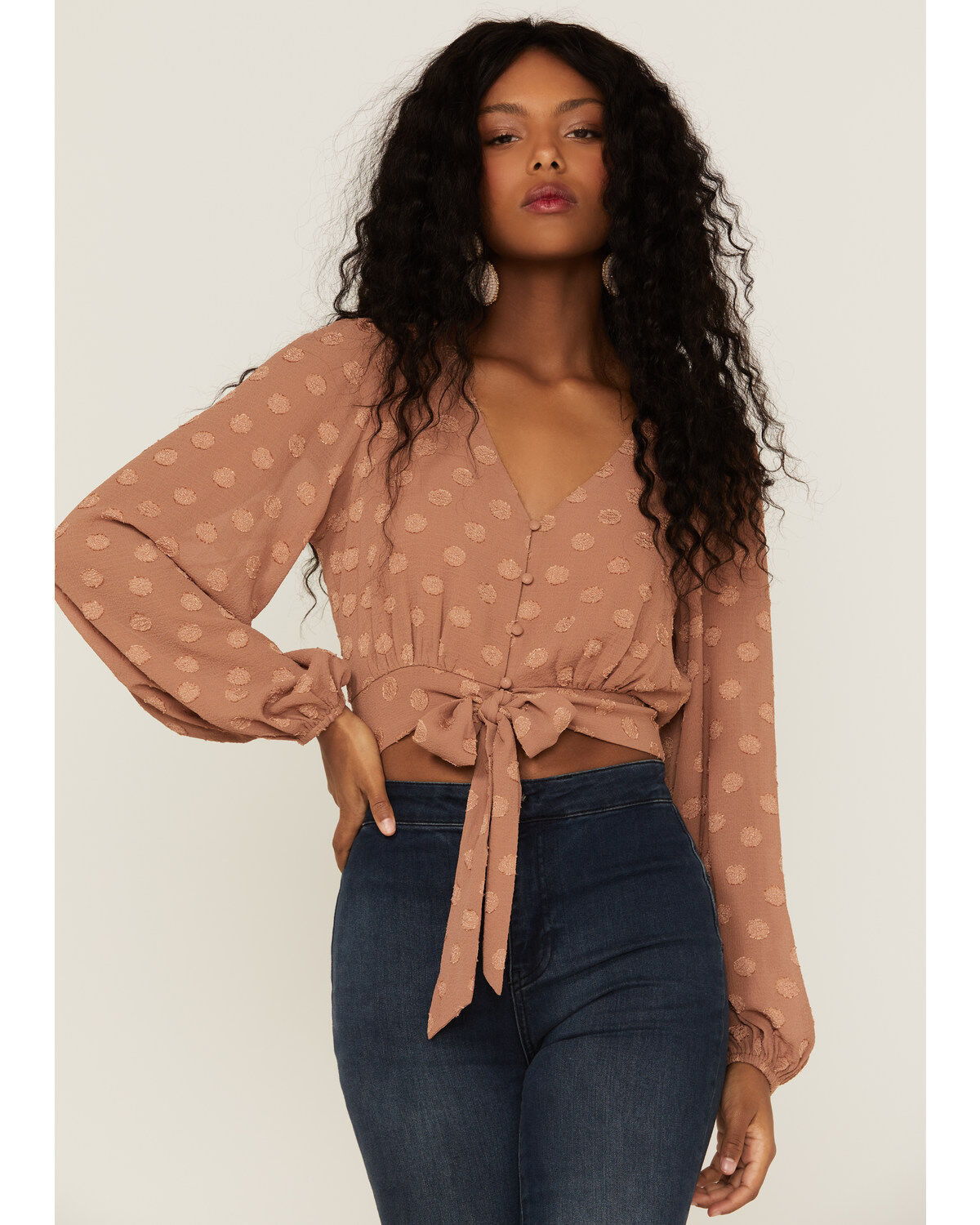 Lush Women's Tie Front Textured Dot Long Sleeve Blouse