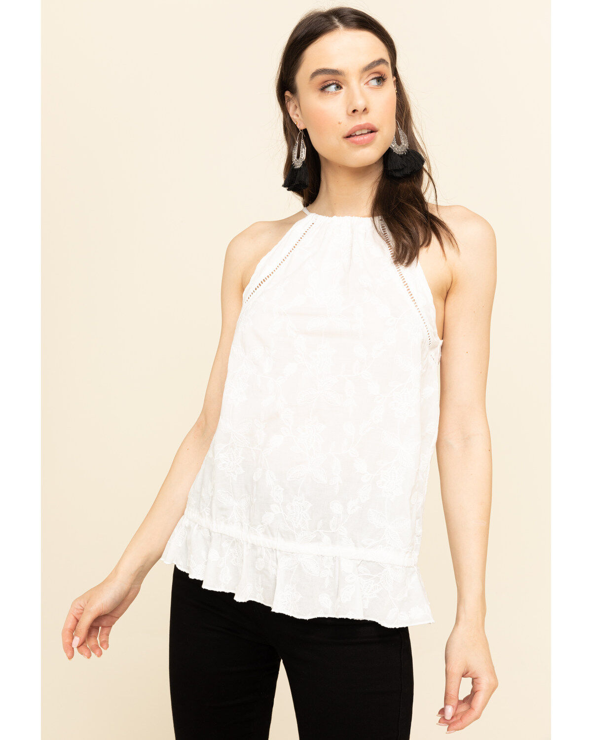 Rock & Roll Denim Women's Ivory Floral Embroidered Halter Top
