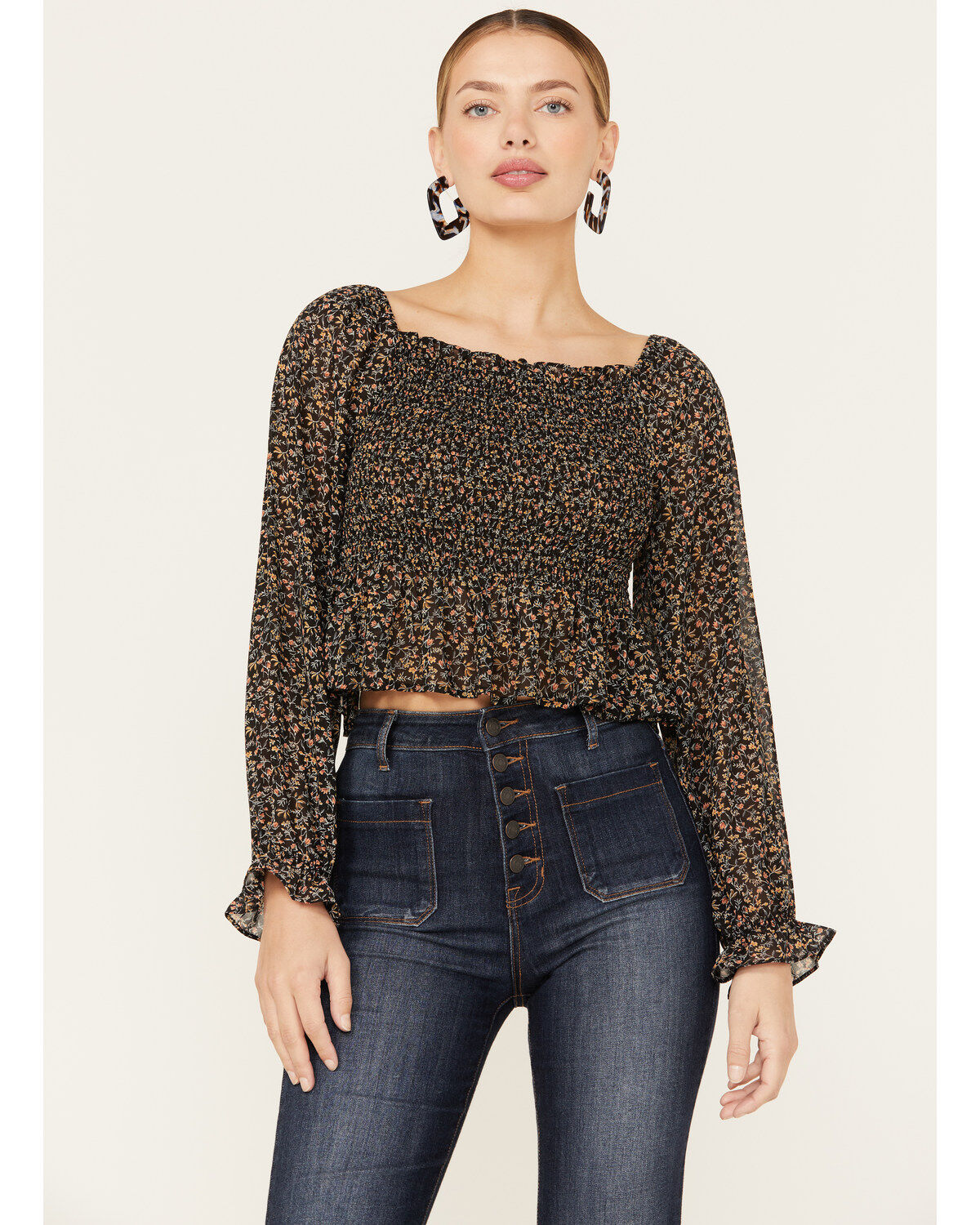 Beyond The Radar Women's Floral Smocked Off Shoulder Woven Long Sleeve Top