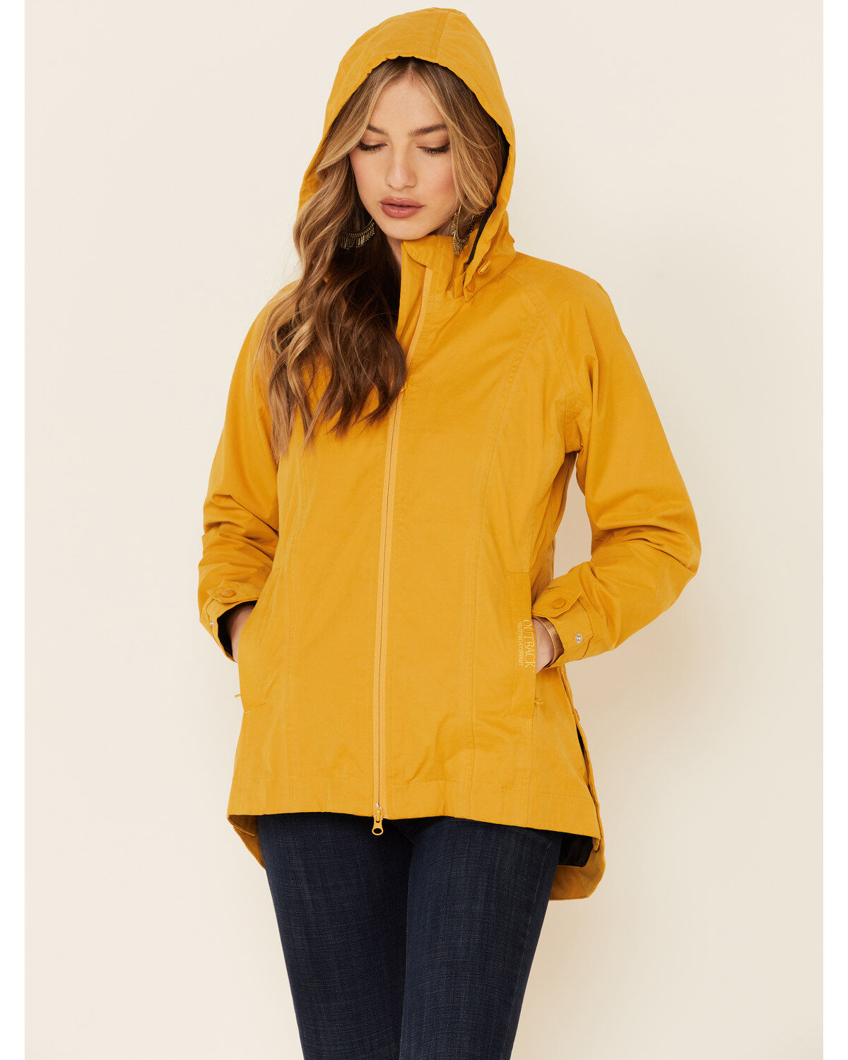 Outback Trading Co. Women's Solid Mustard Brookside Hooded Zip-Front Rain Jacket