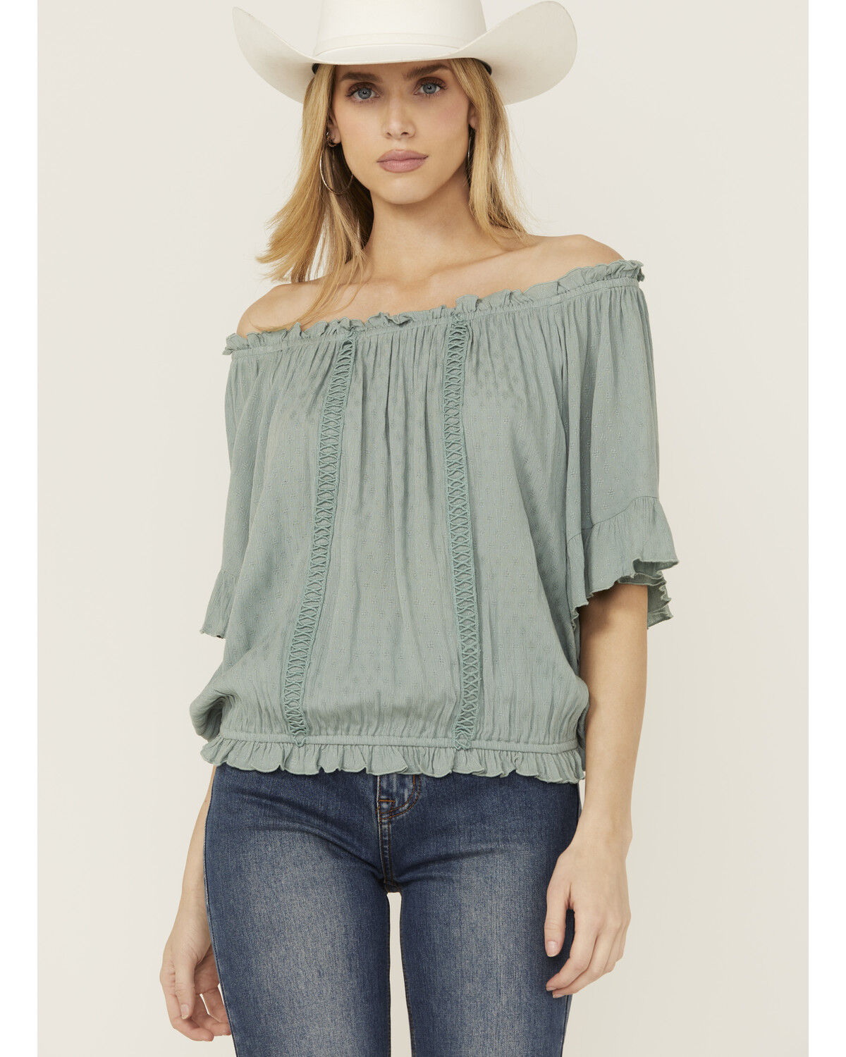 Band Of The Free Women's Solid Short Sleeve Off The Shoulder Blouse
