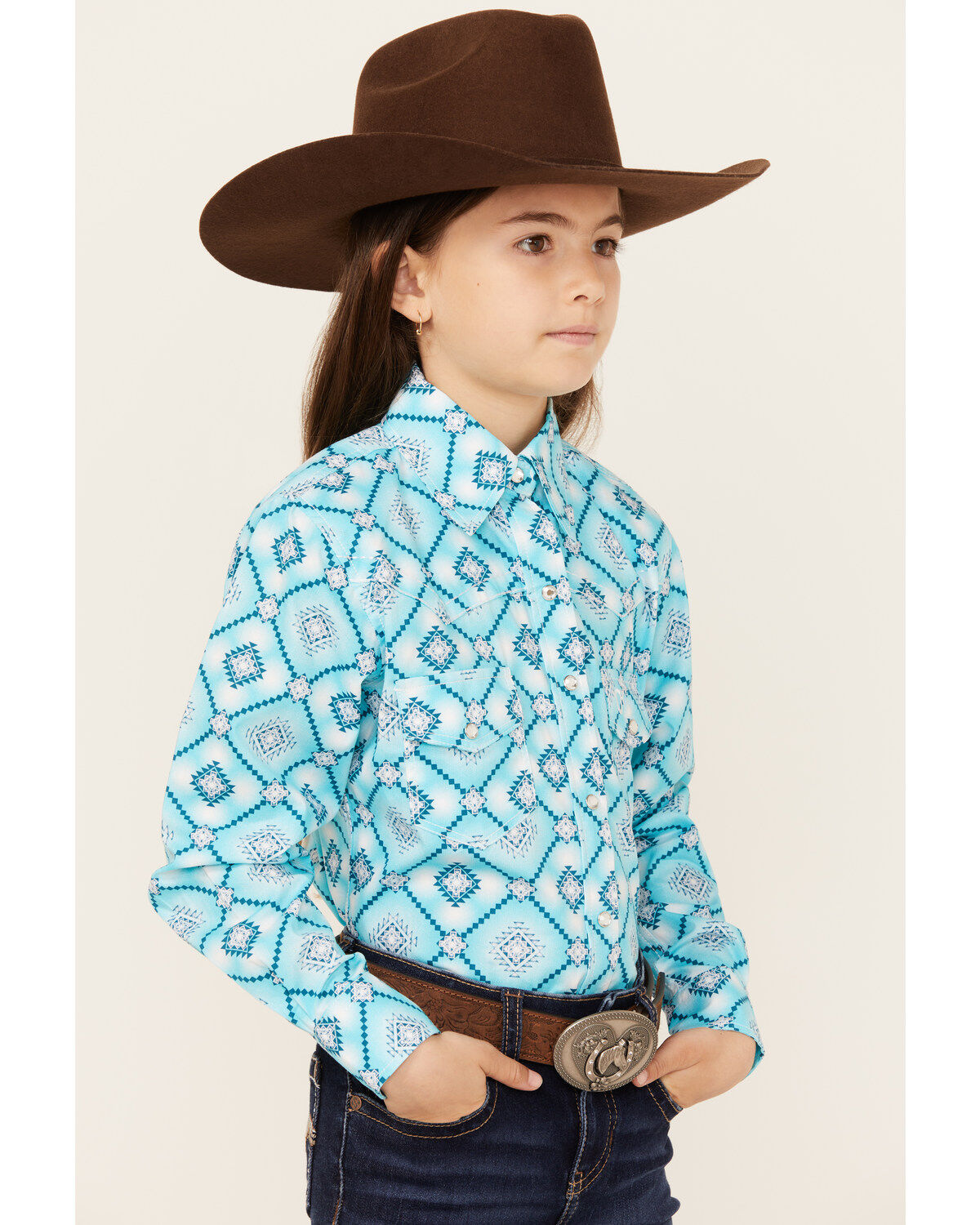 Cowgirl Hardware Girls' Diamond Print Long Sleeve Snap Western Shirt