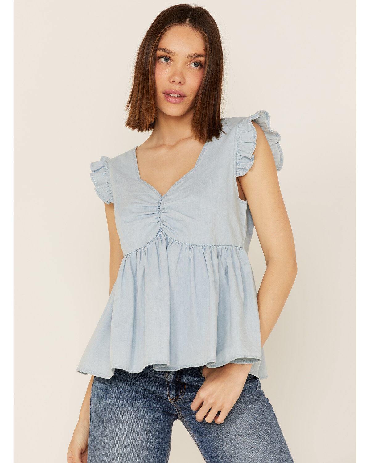 Molly Bracken Women's Sweetheart Flutter Sleeve Denim Top