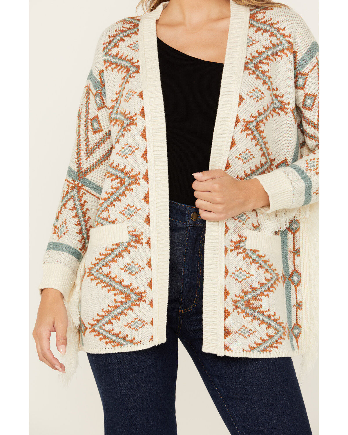 Shyanne Women's Southwestern Print Open Front Fringe Cardigan