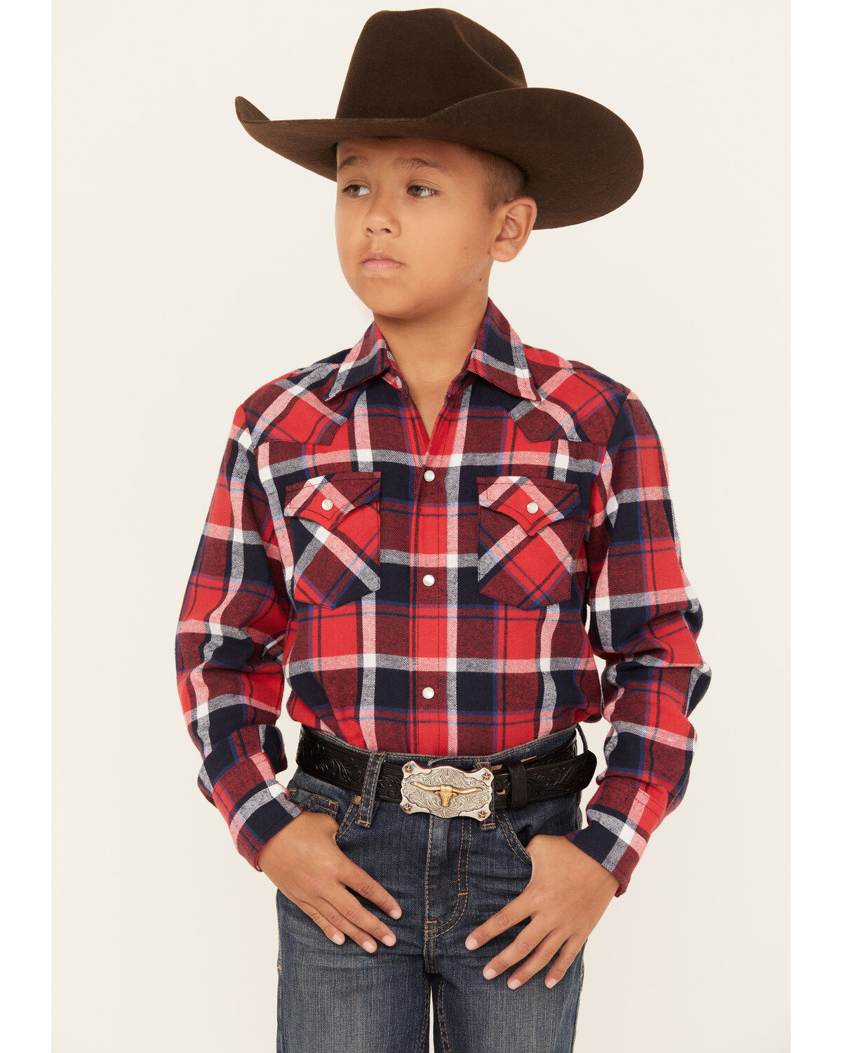 Ely Walker Boys' Plaid Print Brushed Flannel Long Sleeve Pearl Snap Western Shirt