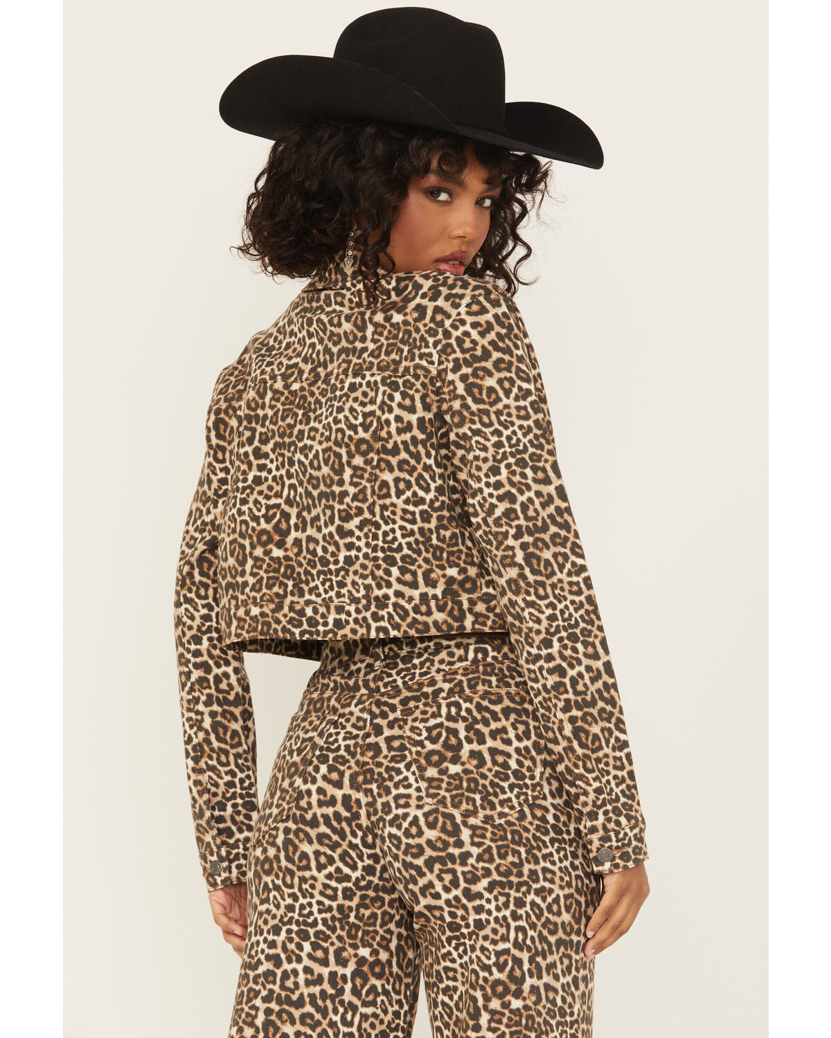 Cello Women's Leopard Print Oversized Cropped Denim Jacket