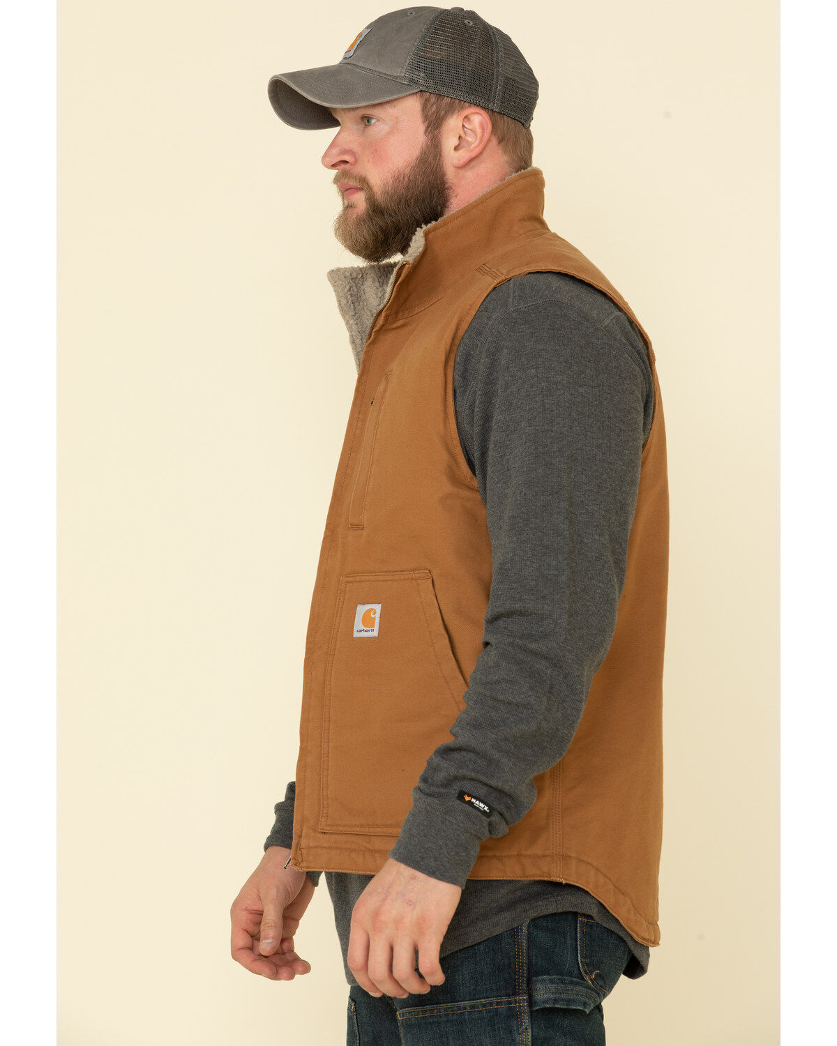 Carhartt Men's Brown Washed Duck Sherpa Lined Mock Neck Work Vest - Tall