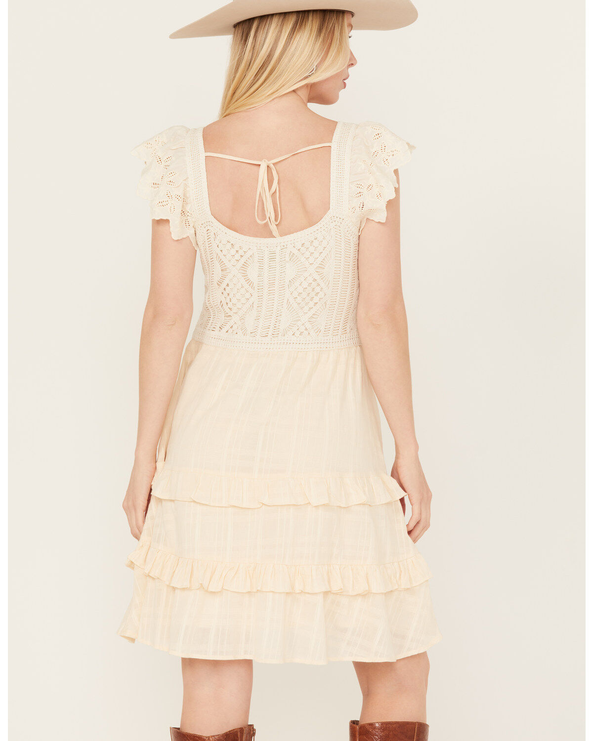 Miss Me Women's Floral Crochet Flutter Sleeveless Tier Mini Dress