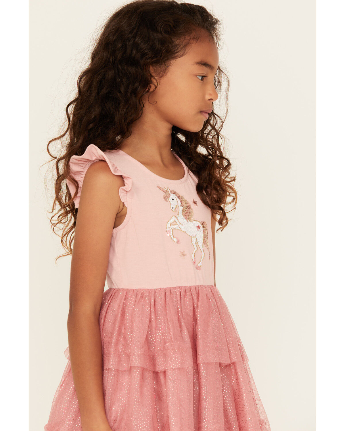 Sugar California Girls' Unicorn Sequin Tiered Ruffle Dress