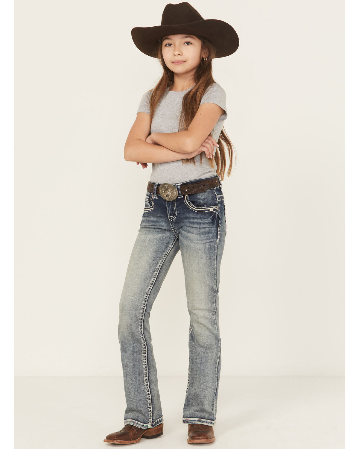 Shyanne Girls' Washed Bow Pocket Bootcut Stretch Denim Jeans