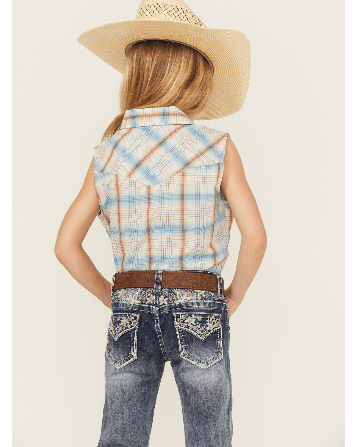 Ely Walker Girls' Plaid Print Sleeveless Snap Western Shirt