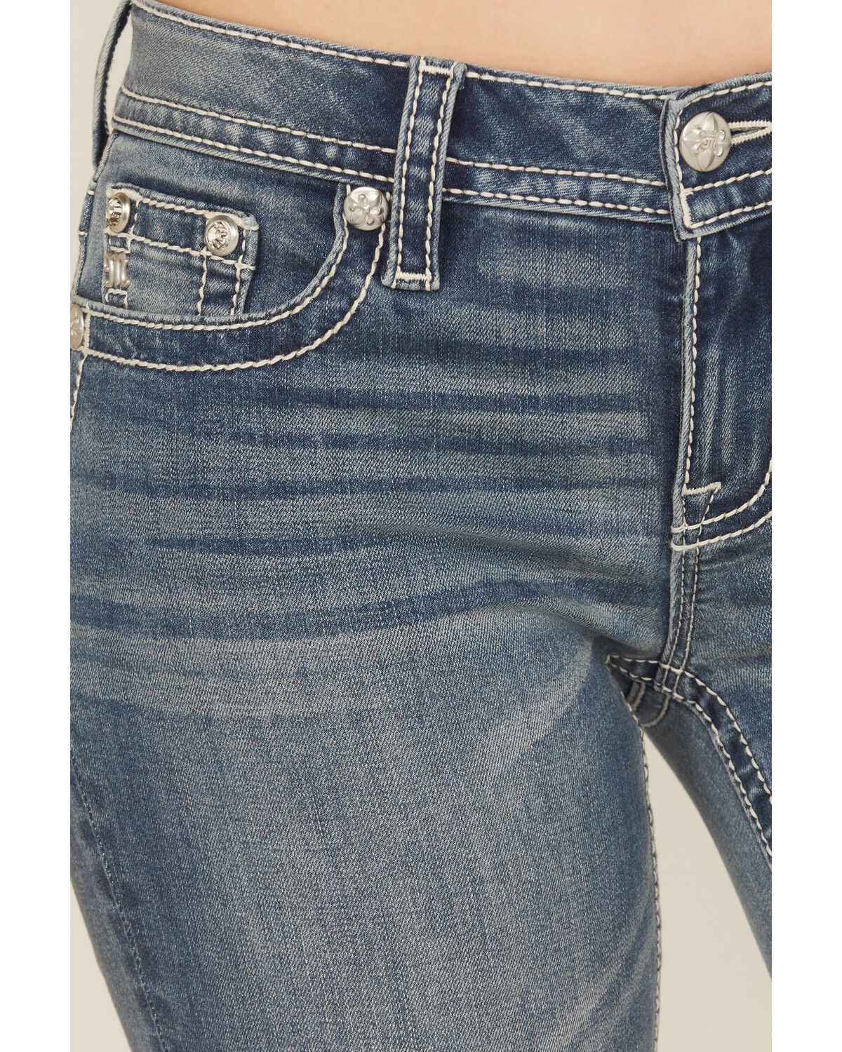 Miss Me Women's Medium Wash Mid Rise Floral Fleur de Lis Pocket Bootcut Stretch Denim Jeans