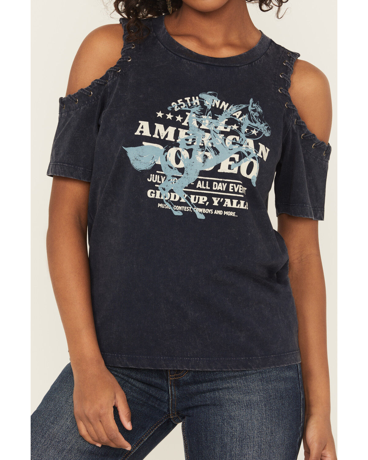 Shyanne Women's All American Rodeo Cold Shoulder Short Sleeve Graphic Tee